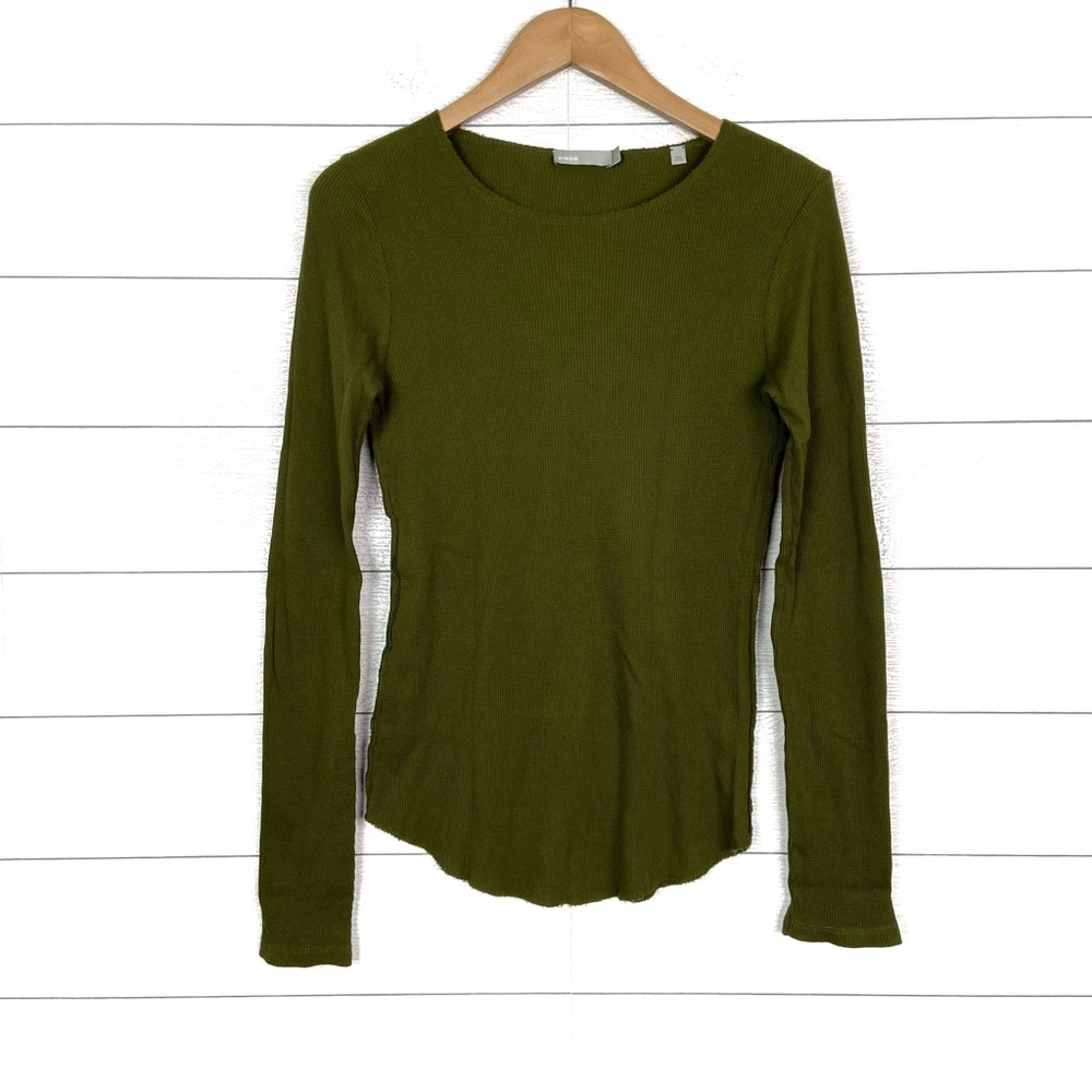 VINCE Olive Green Raw Edge Thermal Long Sleeve Layering Tee Large Casual